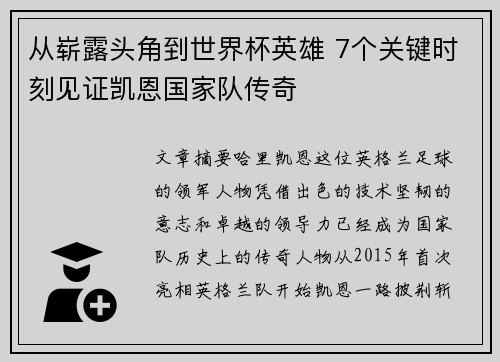 从崭露头角到世界杯英雄 7个关键时刻见证凯恩国家队传奇 从崭露头角到世界杯英雄 7个关键时刻见证凯恩国家队传奇