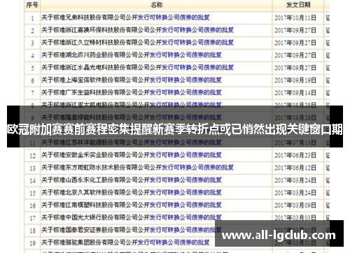 欧冠附加赛赛前赛程密集提醒新赛季转折点或已悄然出现关键窗口期